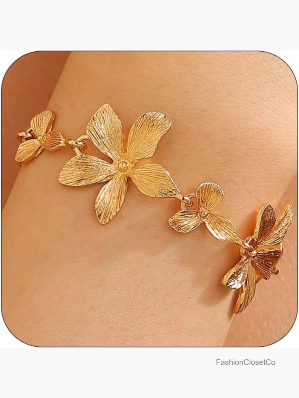Chunky Gold Metal Flower Bracelet, Vintage Punk Floral Petal Chain Bracelet,